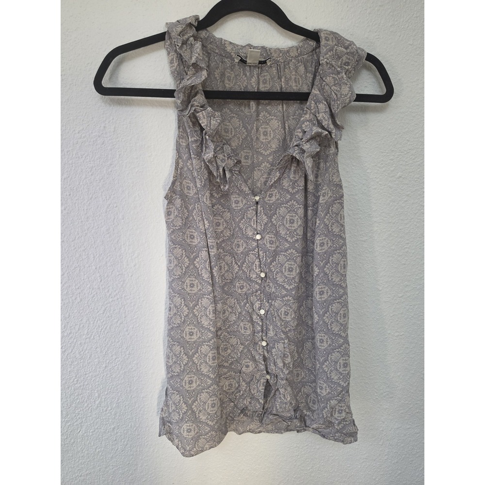Banana Republic Womens M Silk Sleeveless Top Grey Damask Scoop Neck Boho Blouse